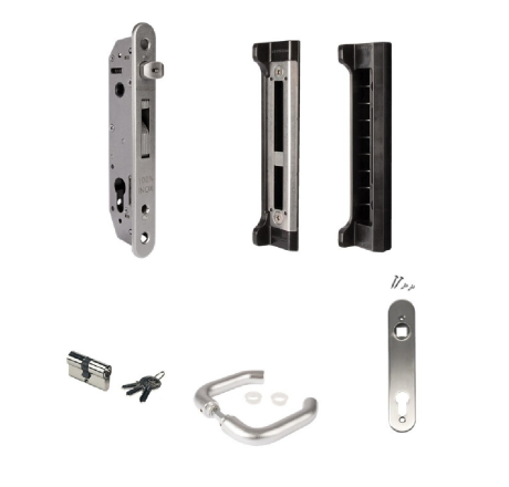 Комплект с врезным замком и ручками из нержавеющей стали для уличной калитки для профилей от 40 мм FORTYSET-40I-IA2