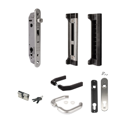 Комплект с врезным замком и алюминиевыми ручками для уличной калитки для профилей от 40 мм FORTYSET-40I-MA