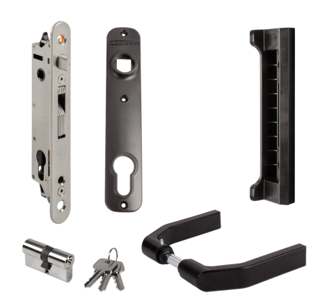 Комплект с врезным замком и полиамидными ручками для уличной калитки для профилей от 40 мм FORTYSET-40I-GP