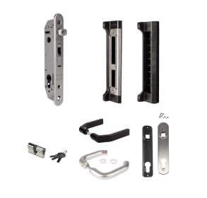 Комплект с врезным замком и полиамидными ручками для уличной калитки для профилей от 40 мм FORTYSET-40I-GP